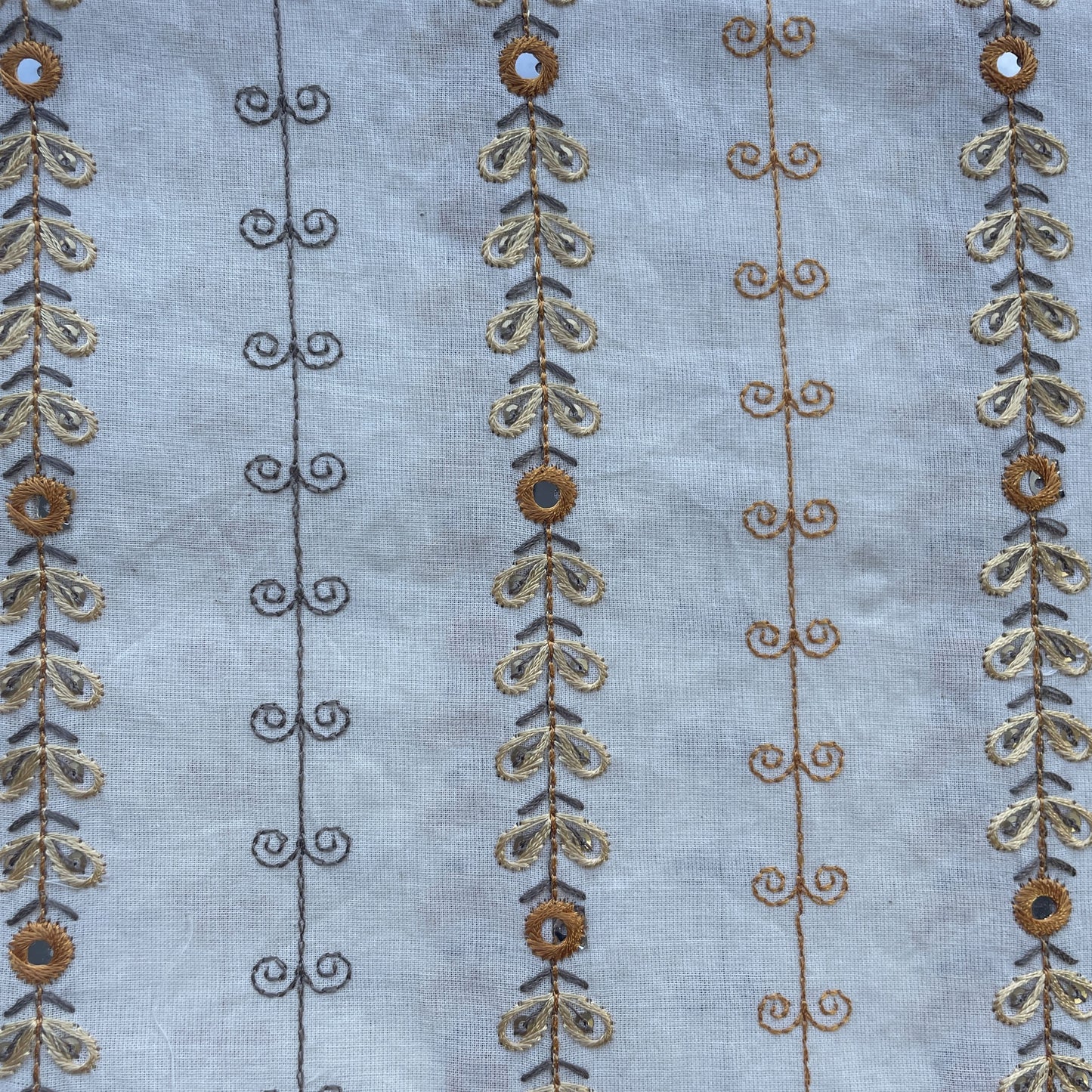 Off White & Orange Floral Mirror Work Embroidery Cotton Fabric 11098