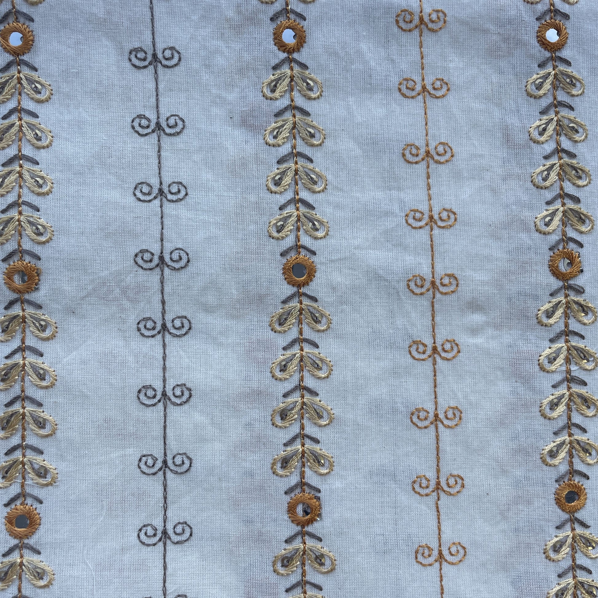 Off White & Orange Floral Mirror Work Embroidery Cotton Fabric 11098