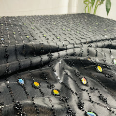 black cut dana rhinestone turkish work embroidery net fabric