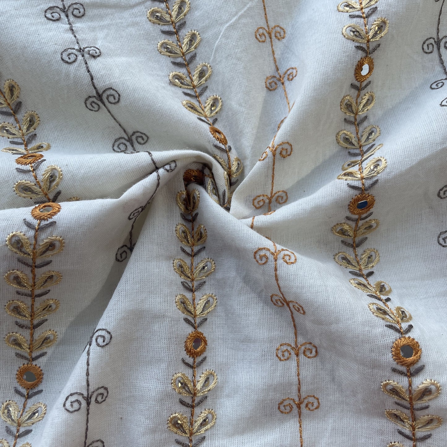 Off White & Orange Floral Mirror Work Embroidery Cotton Fabric 11098