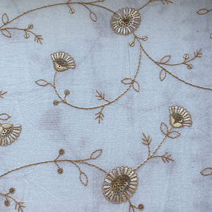 Off White & Orange Floral Sequence Embroidery With Border Cotton Fabric 11096