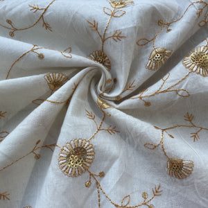 Off White & Orange Floral Sequence Embroidery With Border Cotton Fabric 11096