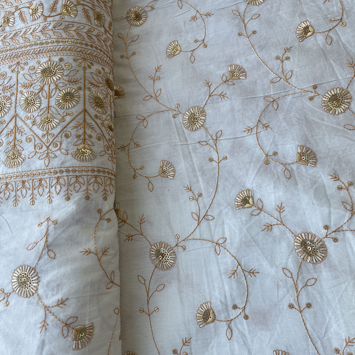 Off White & Orange Floral Sequence Embroidery With Border Cotton Fabric 11096