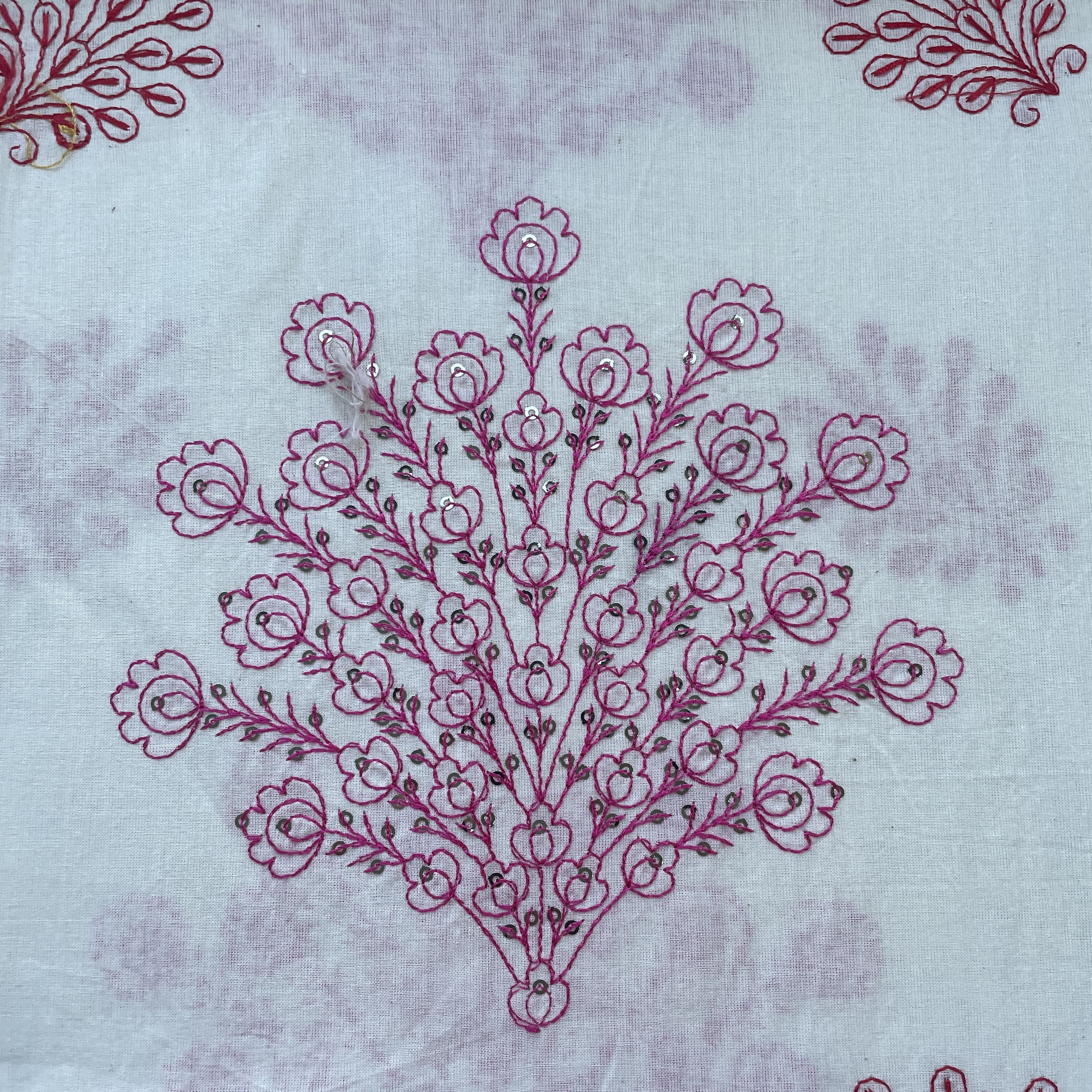 Off White & Pink Floral Sequence Embroidery With Border Fabric 11059