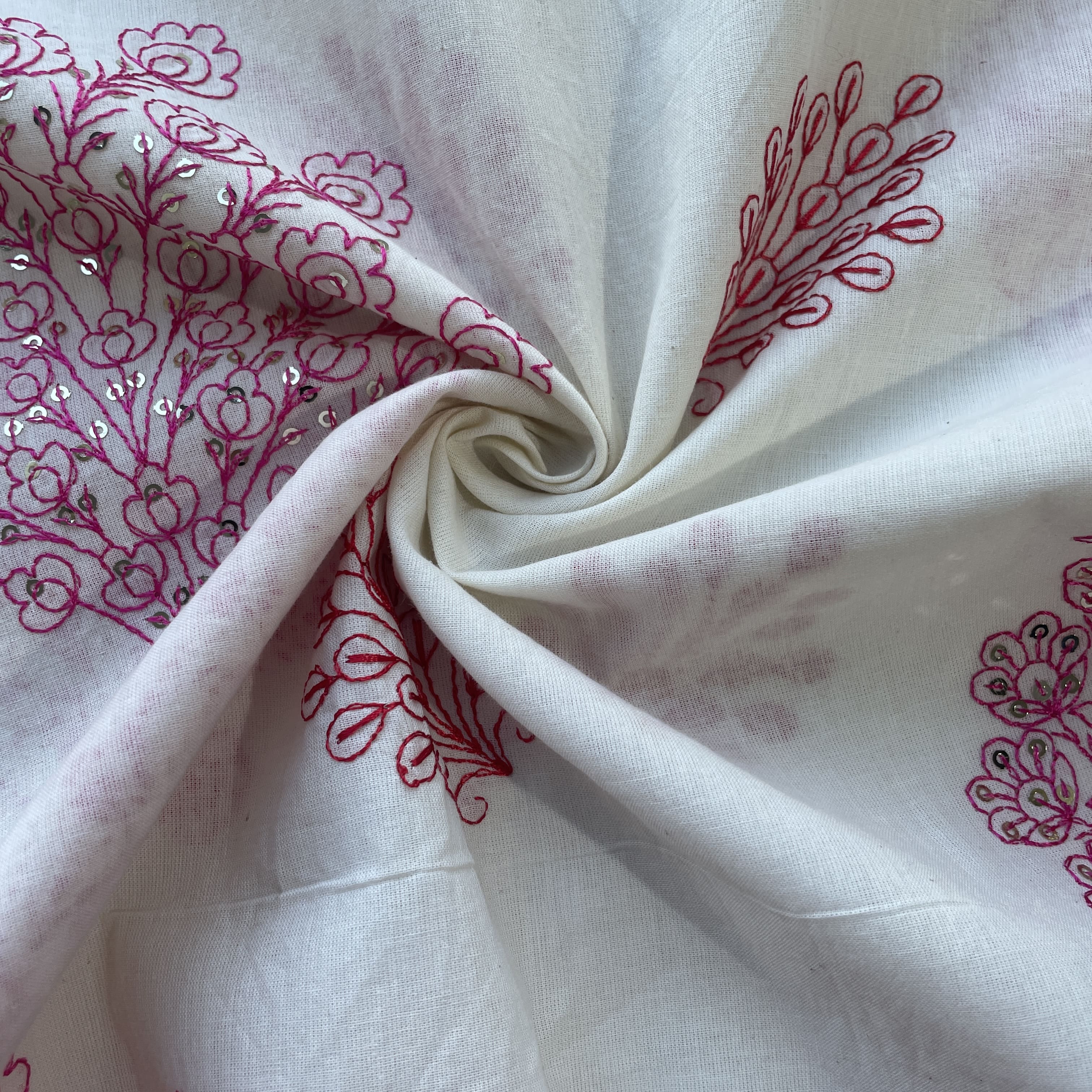 Off White & Pink Floral Sequence Embroidery With Border Fabric 11059