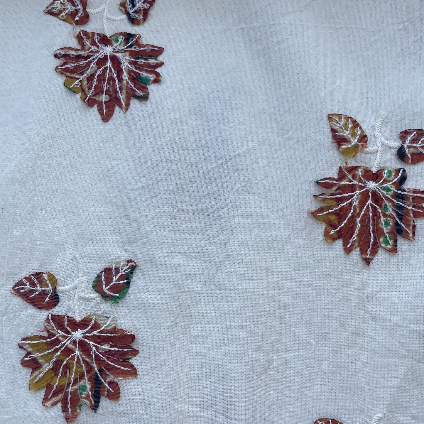 Griege & Orange Floral Applique Work Sequence Embroidery Cotton Fabric 9601