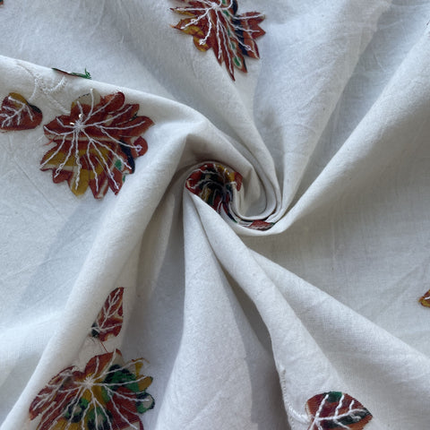 Griege & Orange Floral Applique Work Sequence Embroidery Cotton Fabric 9601