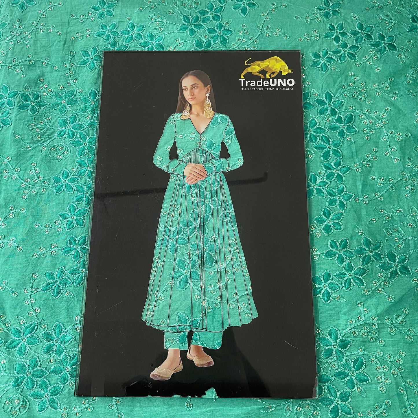 Green Floral Sequence Embroidery Cotton Fabric - TradeUNO