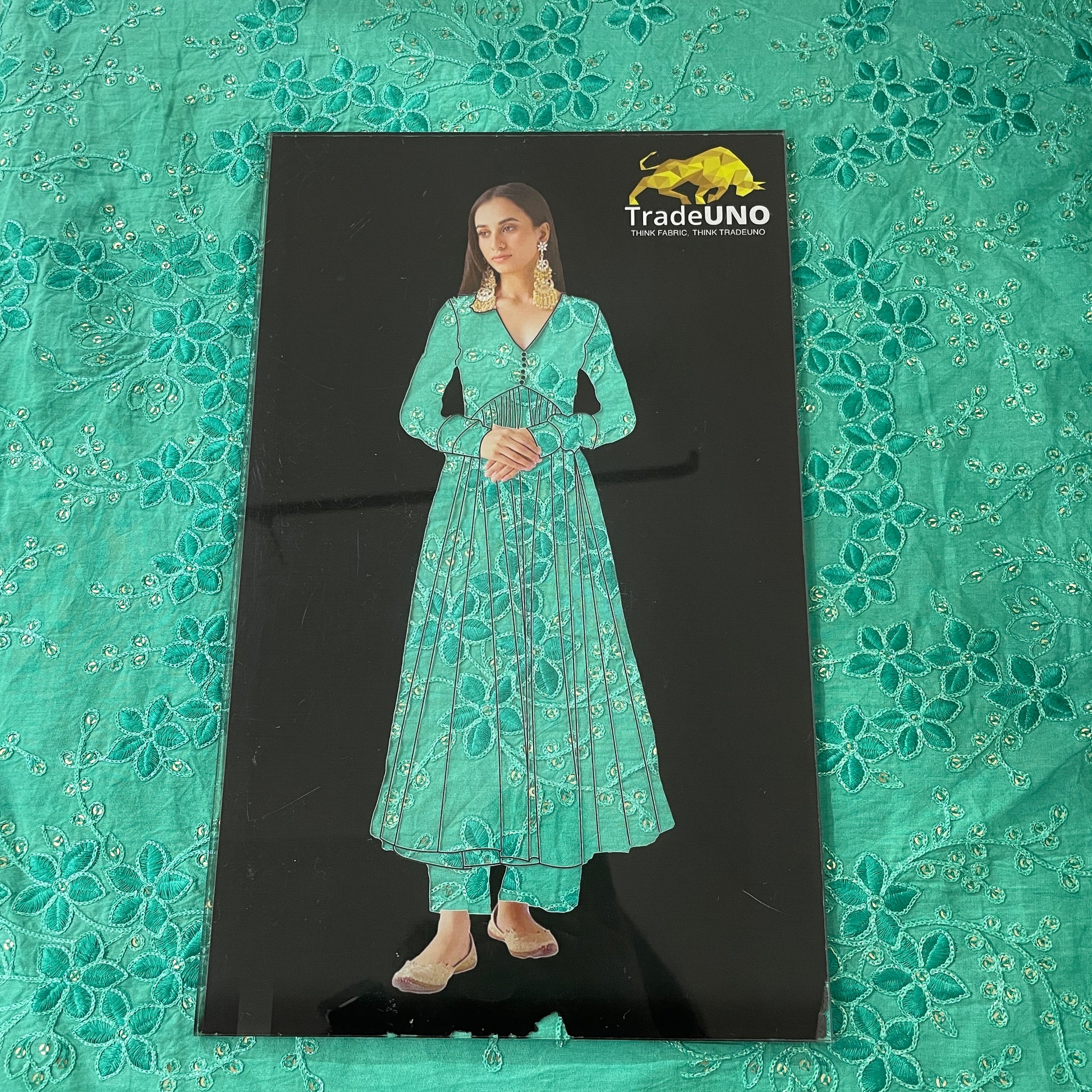 Green Floral Sequence Embroidery Cotton Fabric - TradeUNO