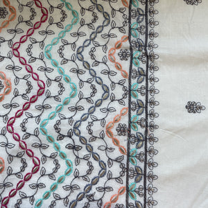 Off White & Multicolor Floral Embroidery With Border Cotton Fabric 11054
