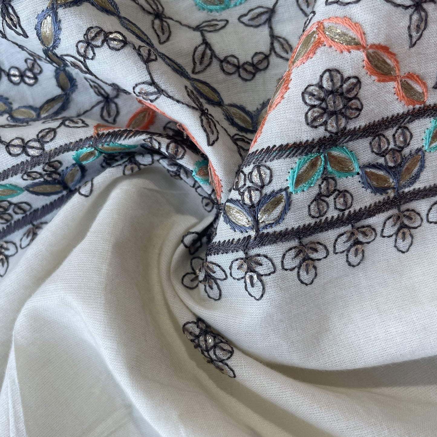 Off White & Multicolor Floral Embroidery With Border Cotton Fabric 11054