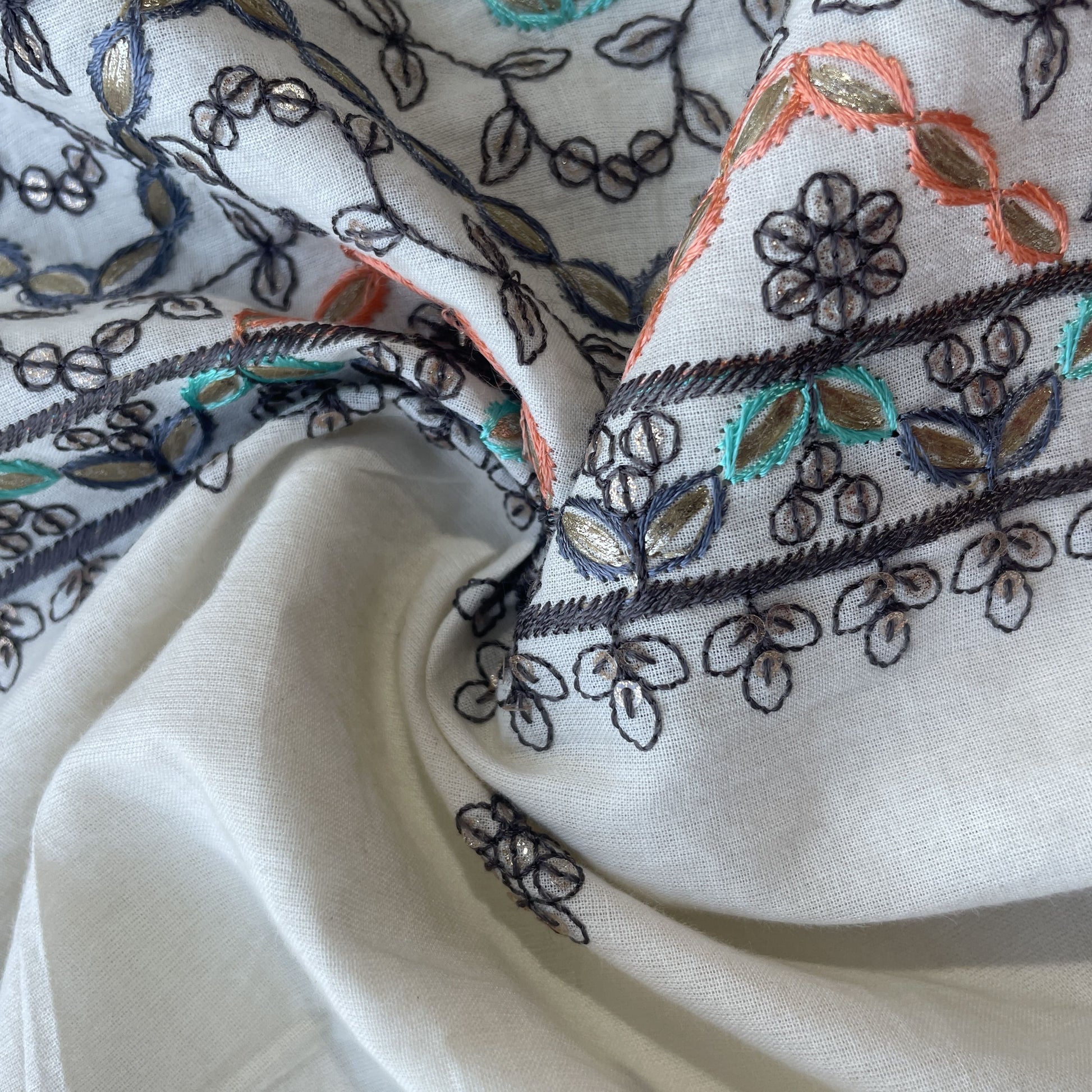 Off White & Multicolor Floral Embroidery With Border Cotton Fabric 11054