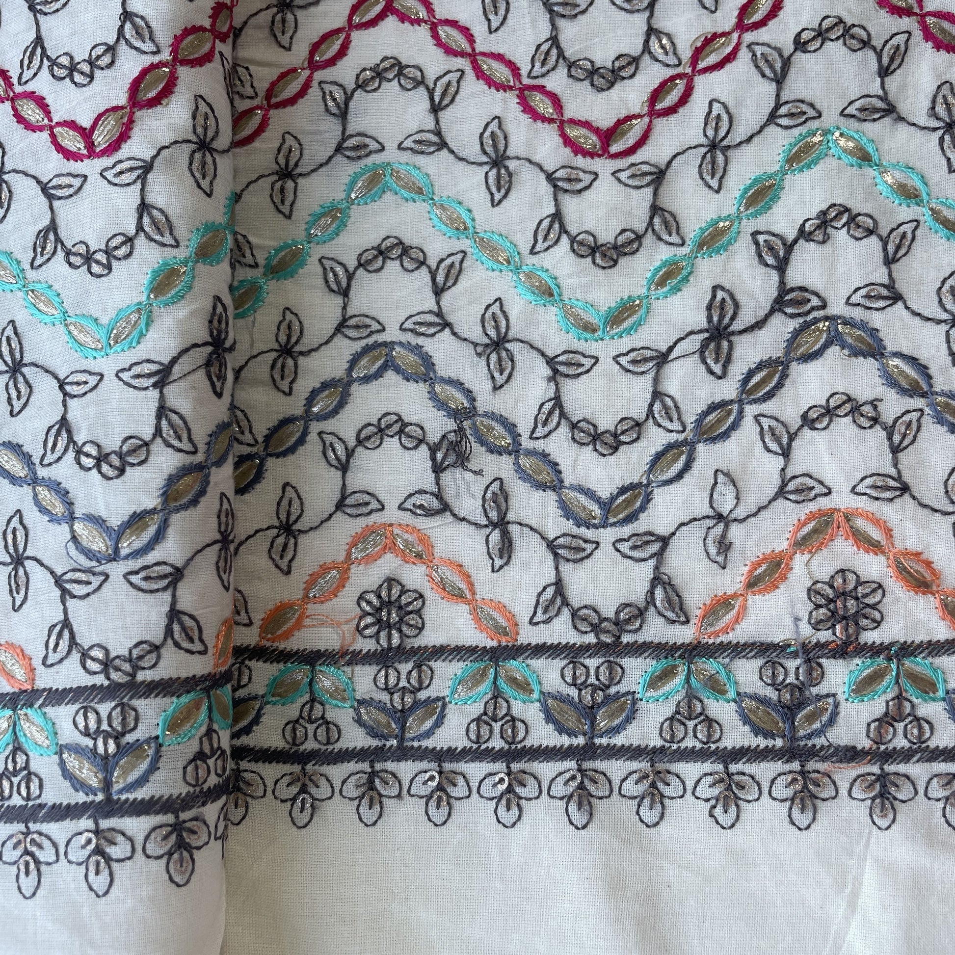 Off White & Multicolor Floral Embroidery With Border Cotton Fabric 11054