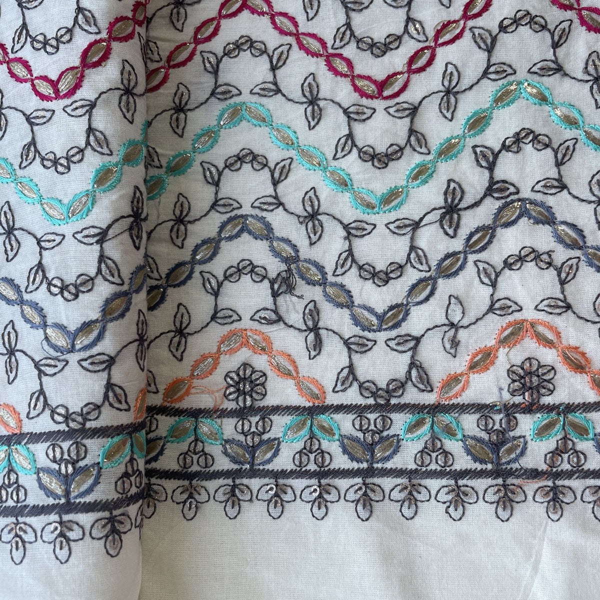 Off White & Multicolor Floral Embroidery With Border Cotton Fabric 11054