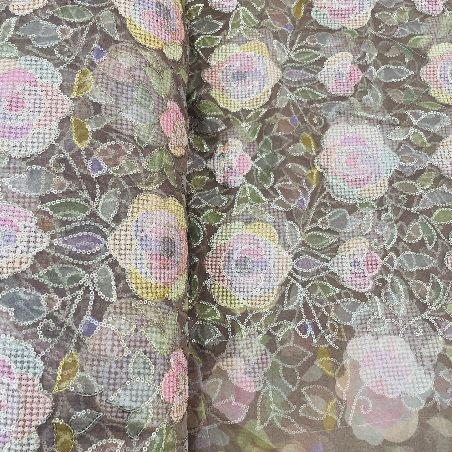 Exclusive Brown Cross Stich Sequence Embroidery Organza Fabric