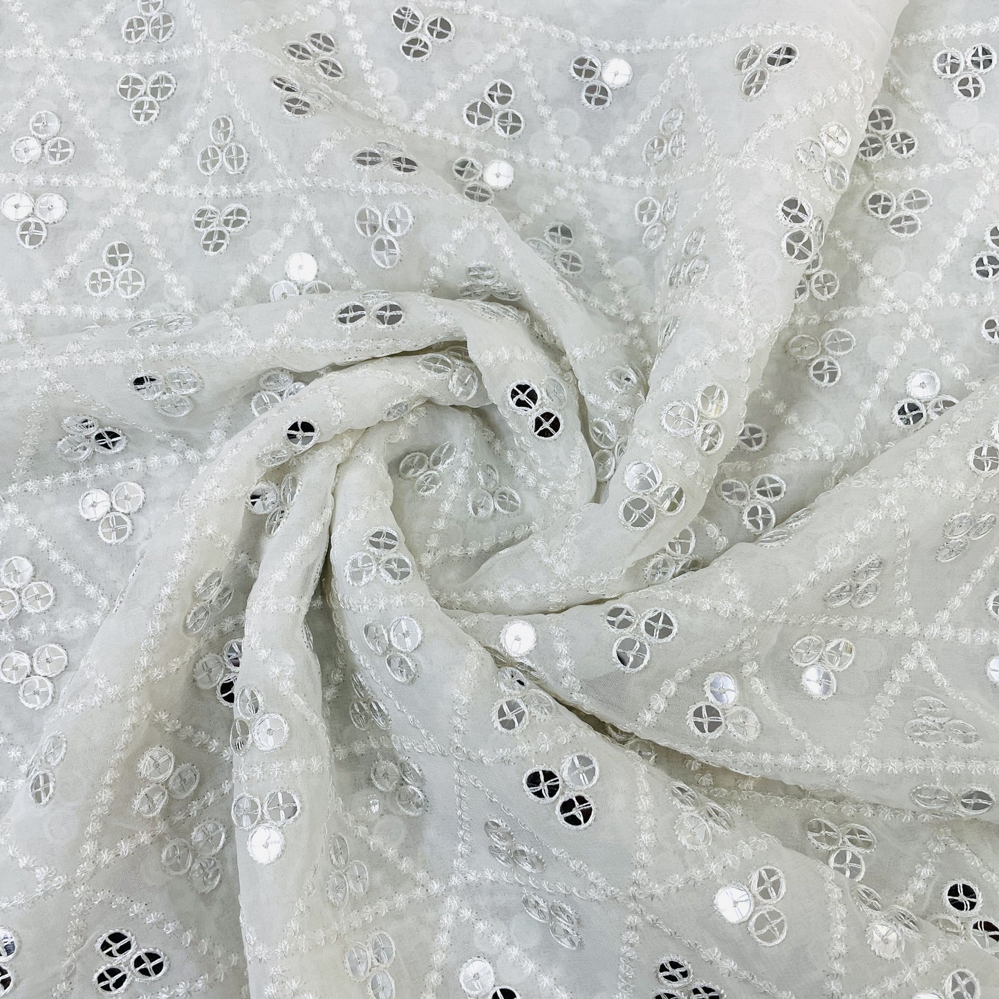Exclusive White Geometrical Sequins Embroidery Dyeable Georgette Fabric