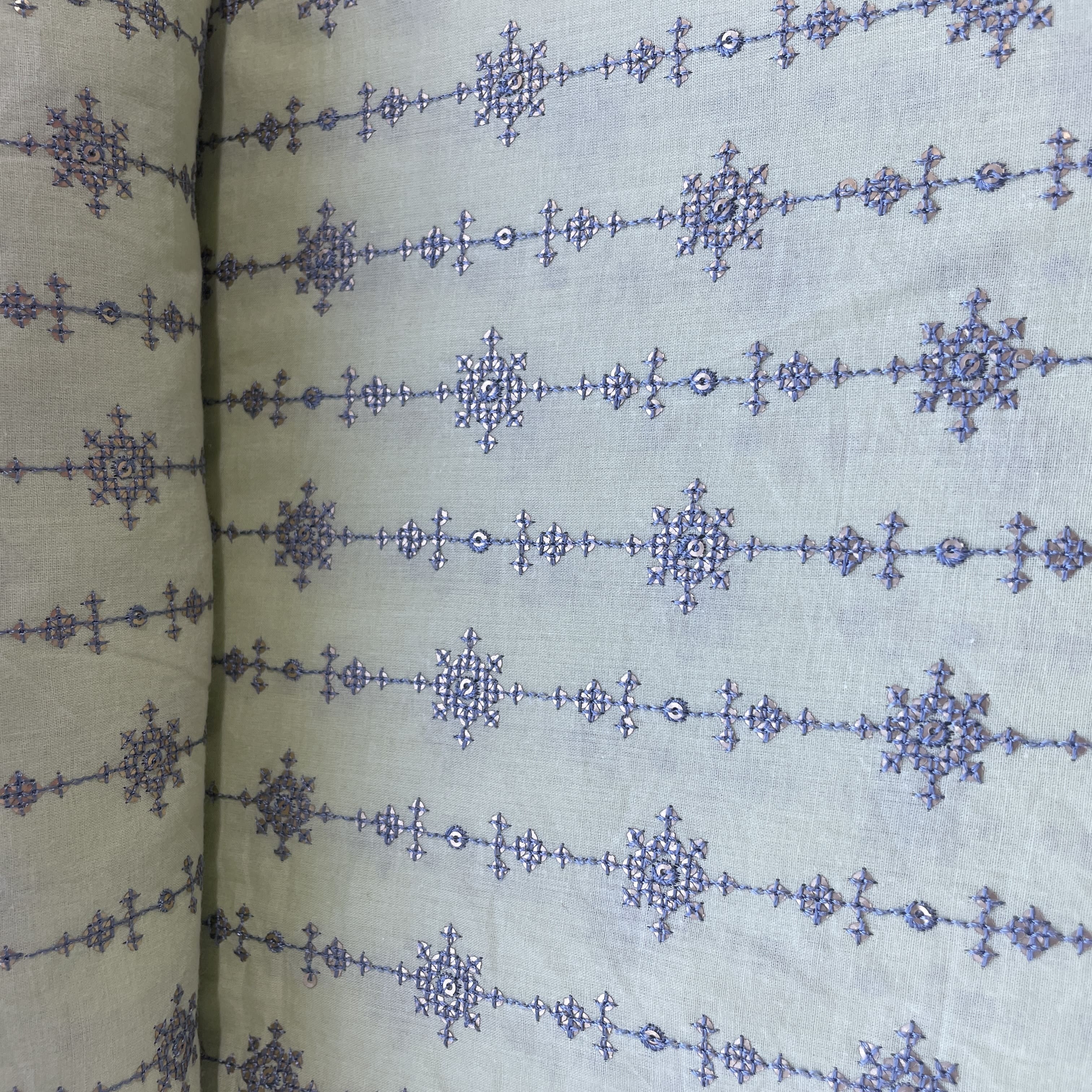 Light Green Sequins Embroidery Cotton Fabric 15523