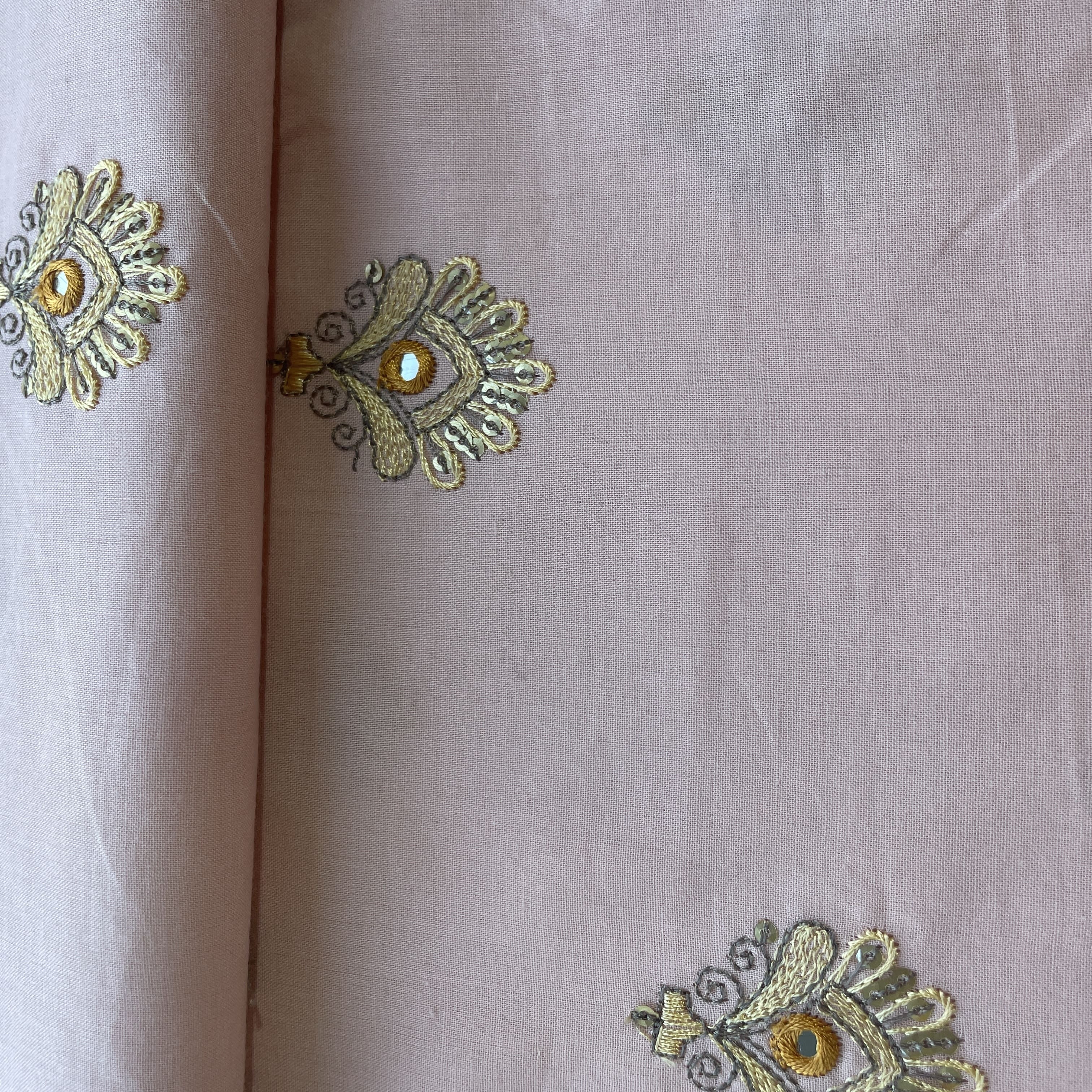 Peach Pink Mirror Buti Embroidery Cotton Fabric 15521
