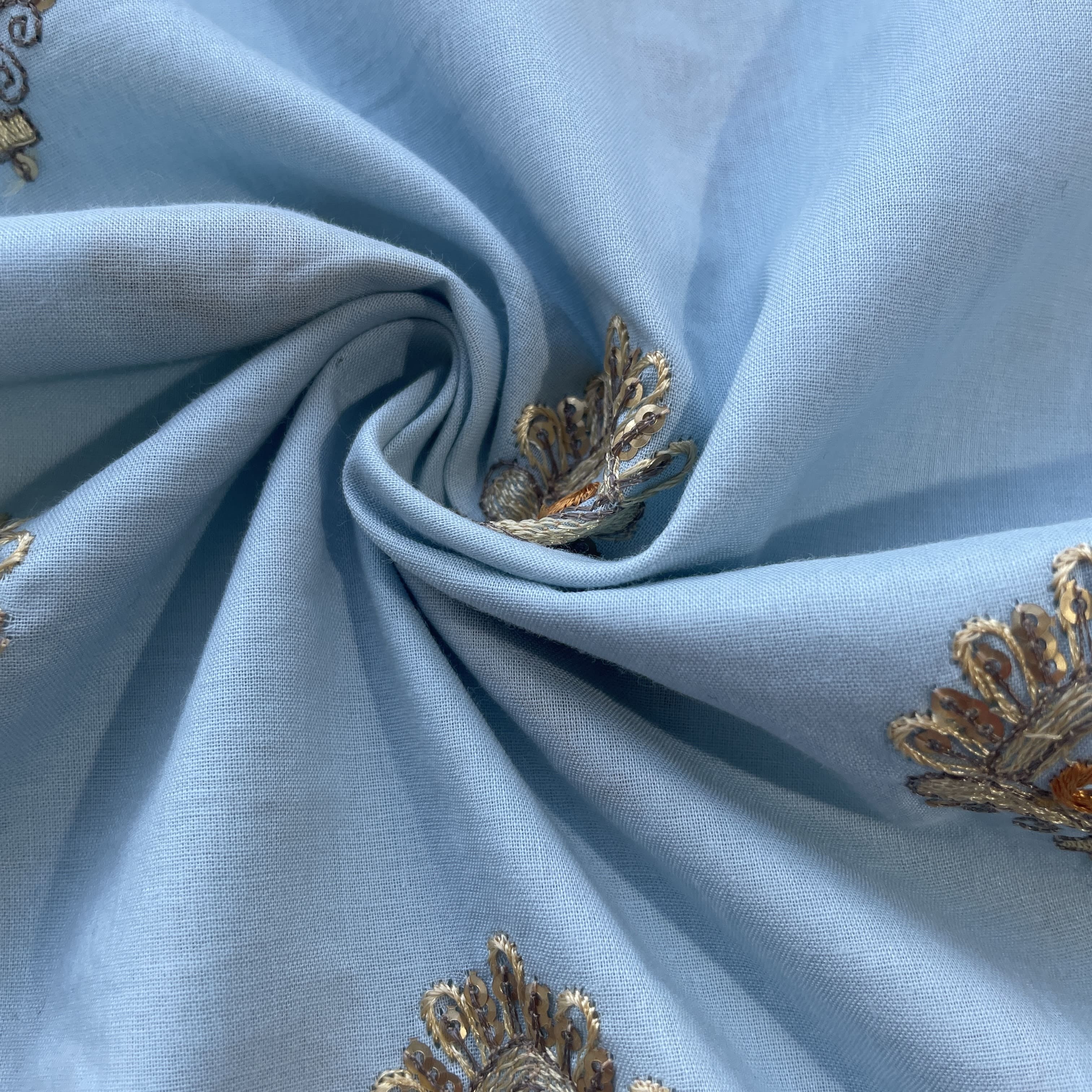 Sky Blue Mirror Buti Embroidery Cotton Fabric 15522