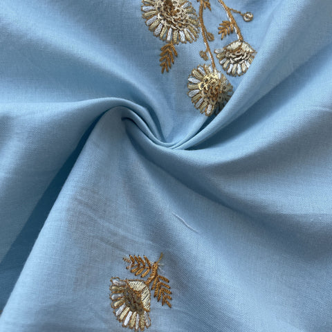 Sky Blue Thread Buti Sequins Embroidery Cotton Fabric 15531