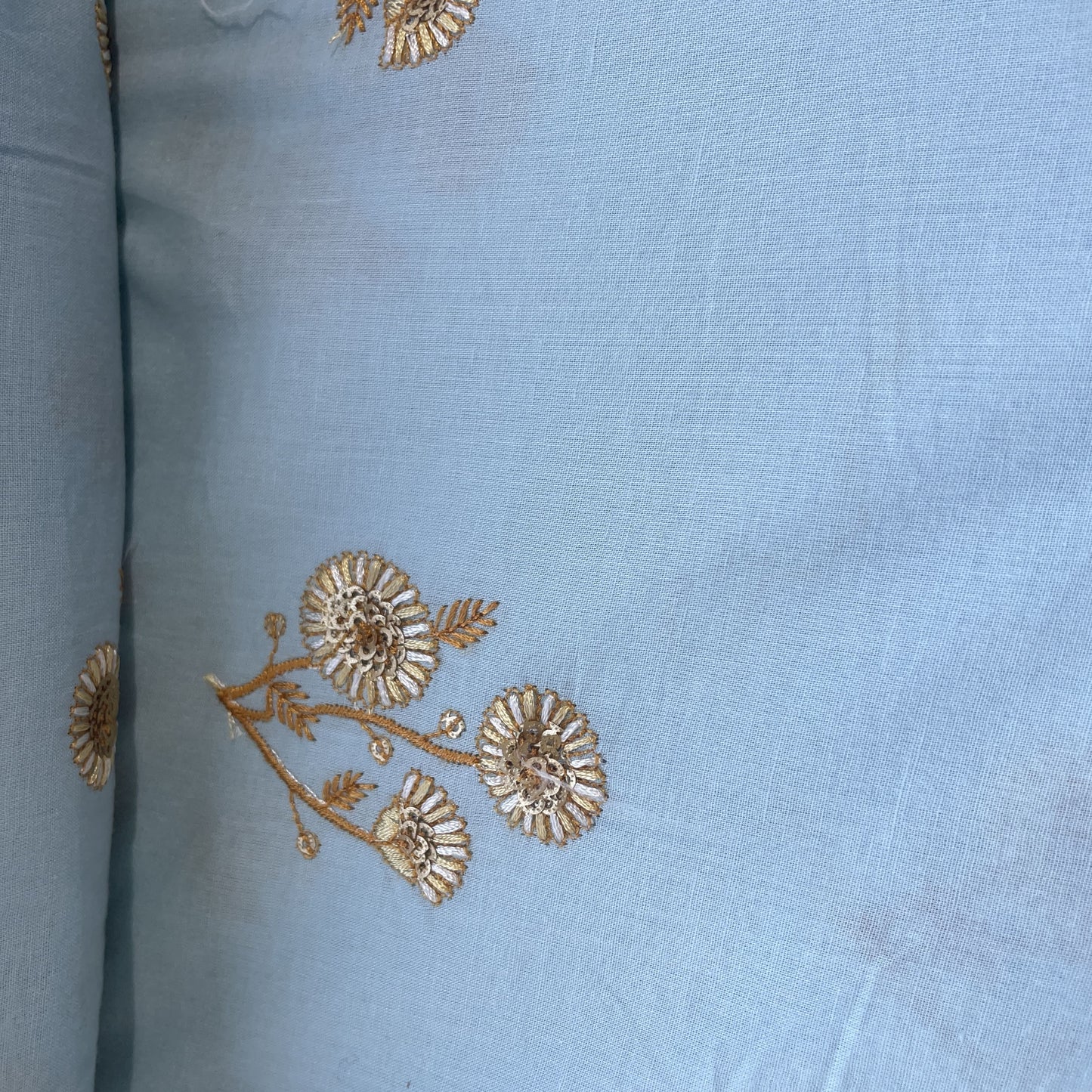 Sky Blue Thread Buti Sequins Embroidery Cotton Fabric 15531
