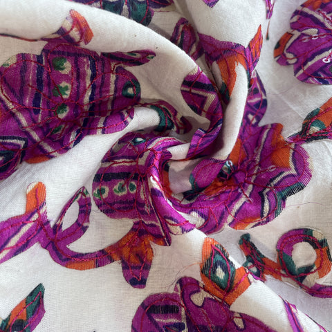 Griege & Purple Floral Applique Work Sequence Embroidery Cotton Fabric 9600