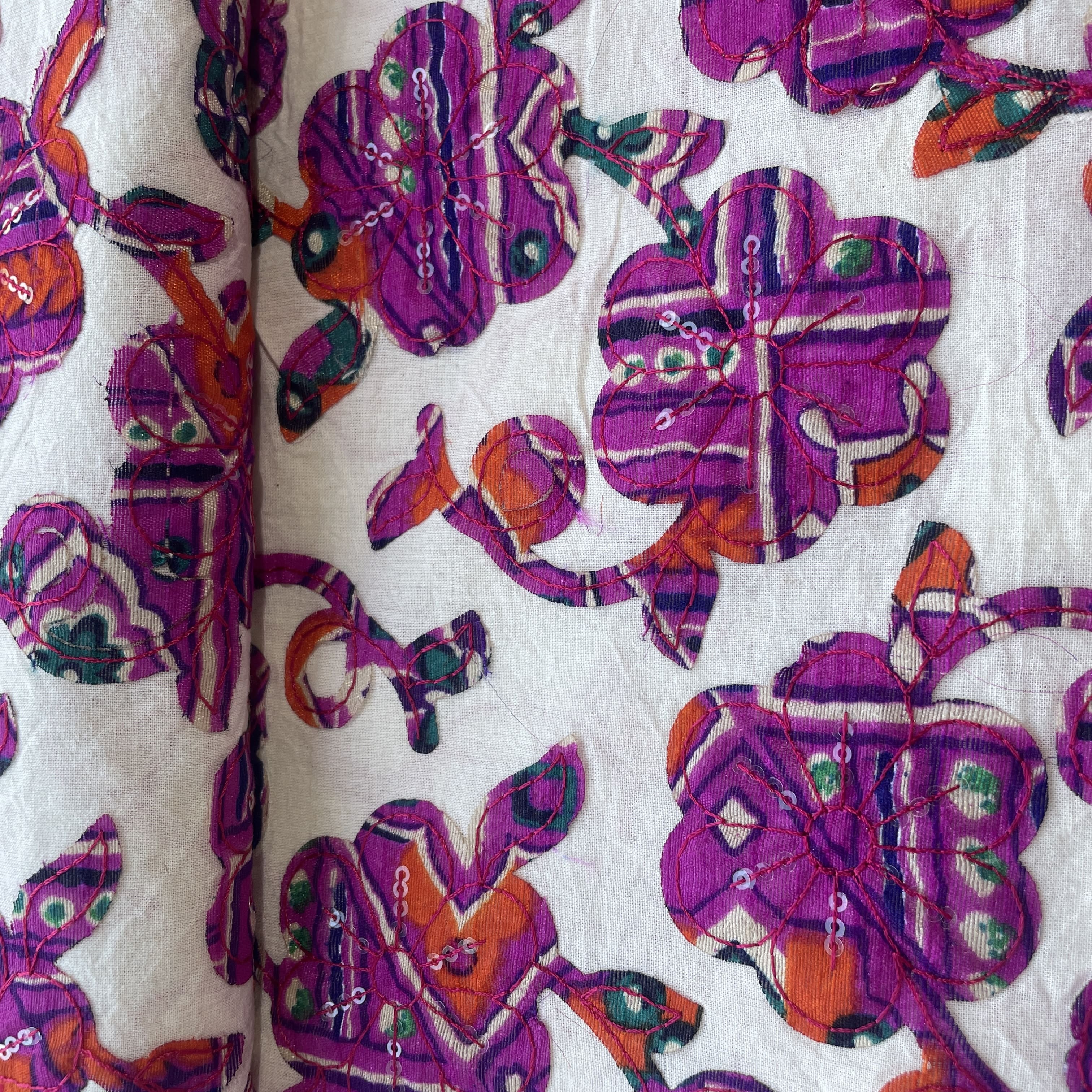 Griege & Purple Floral Applique Work Sequence Embroidery Cotton Fabric 9600