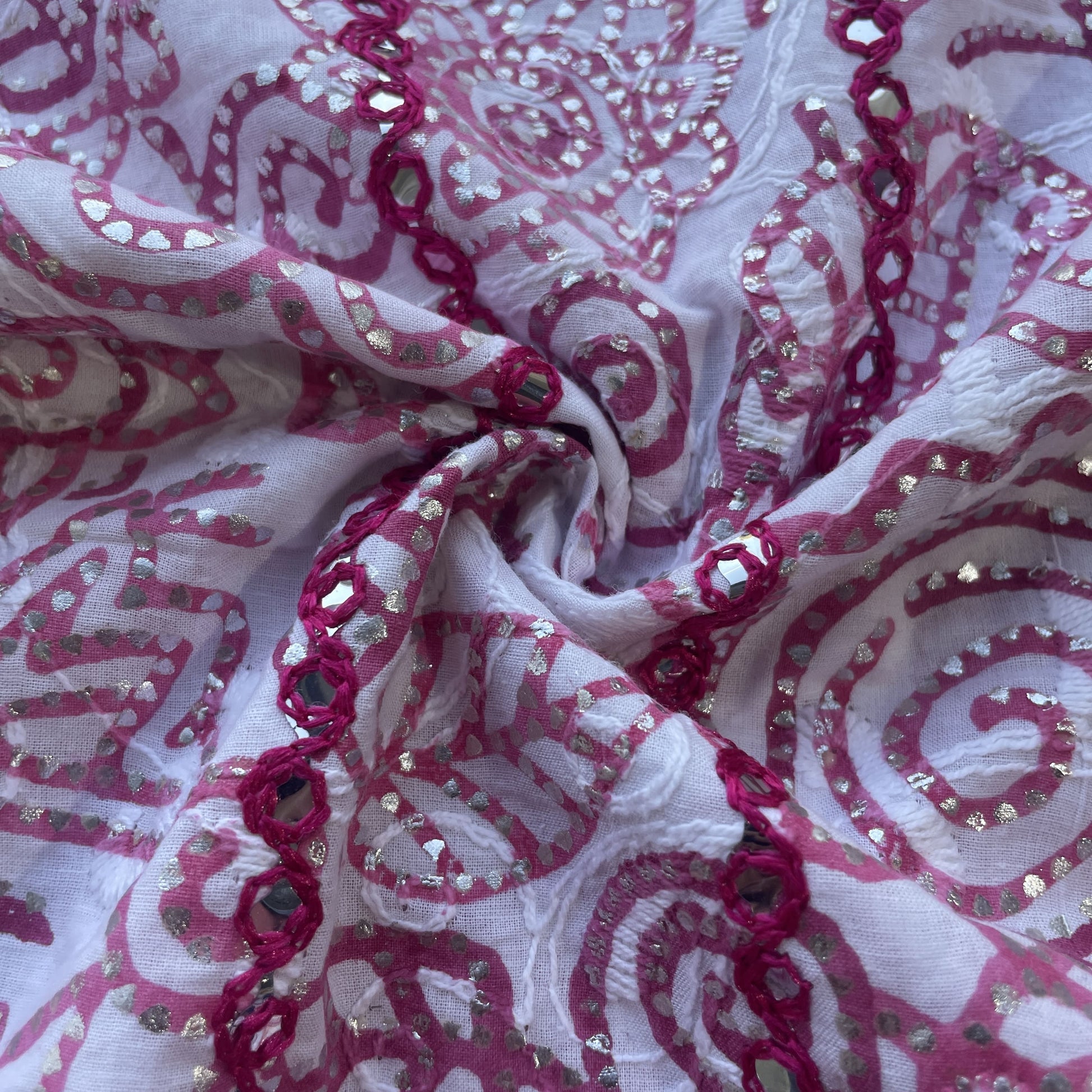 Pink Floral Foil Sequence Embroidery Cotton Fabric 13575
