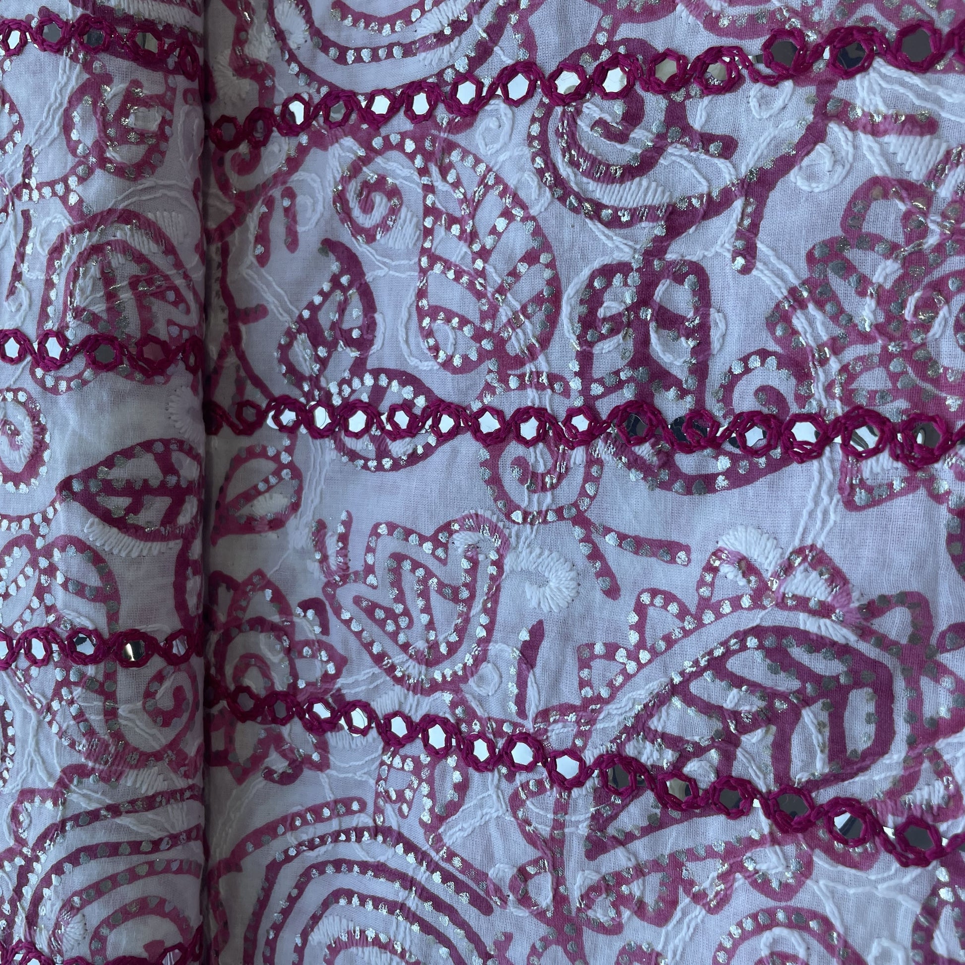 Pink Floral Foil Sequence Embroidery Cotton Fabric 13575