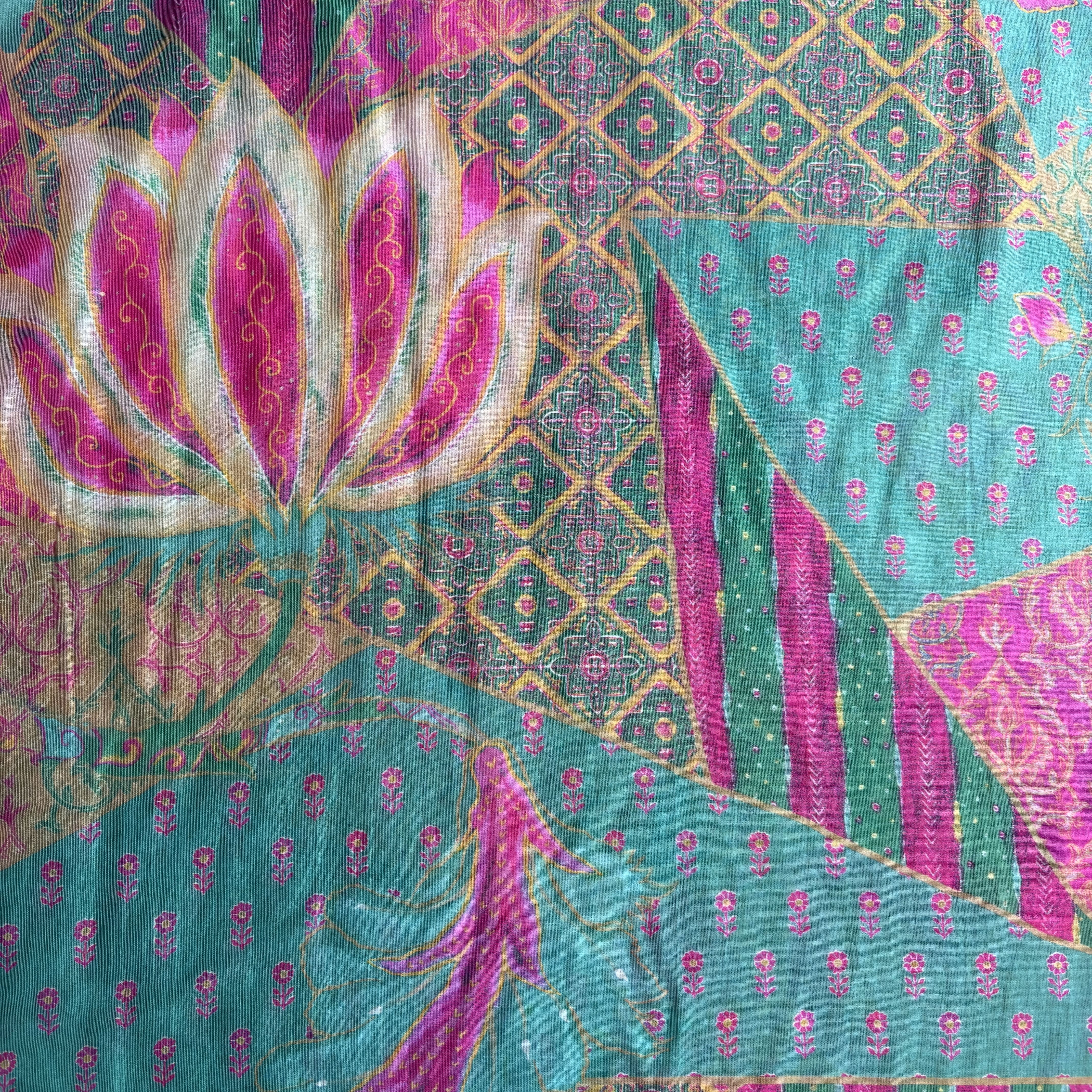 Green Floral Print Chanderi Silk Fabric 17689