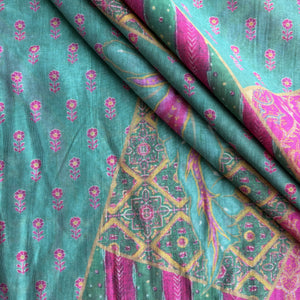 Green Floral Print Chanderi Silk Fabric 17689