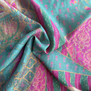 Green Floral Print Chanderi Silk Fabric 17689