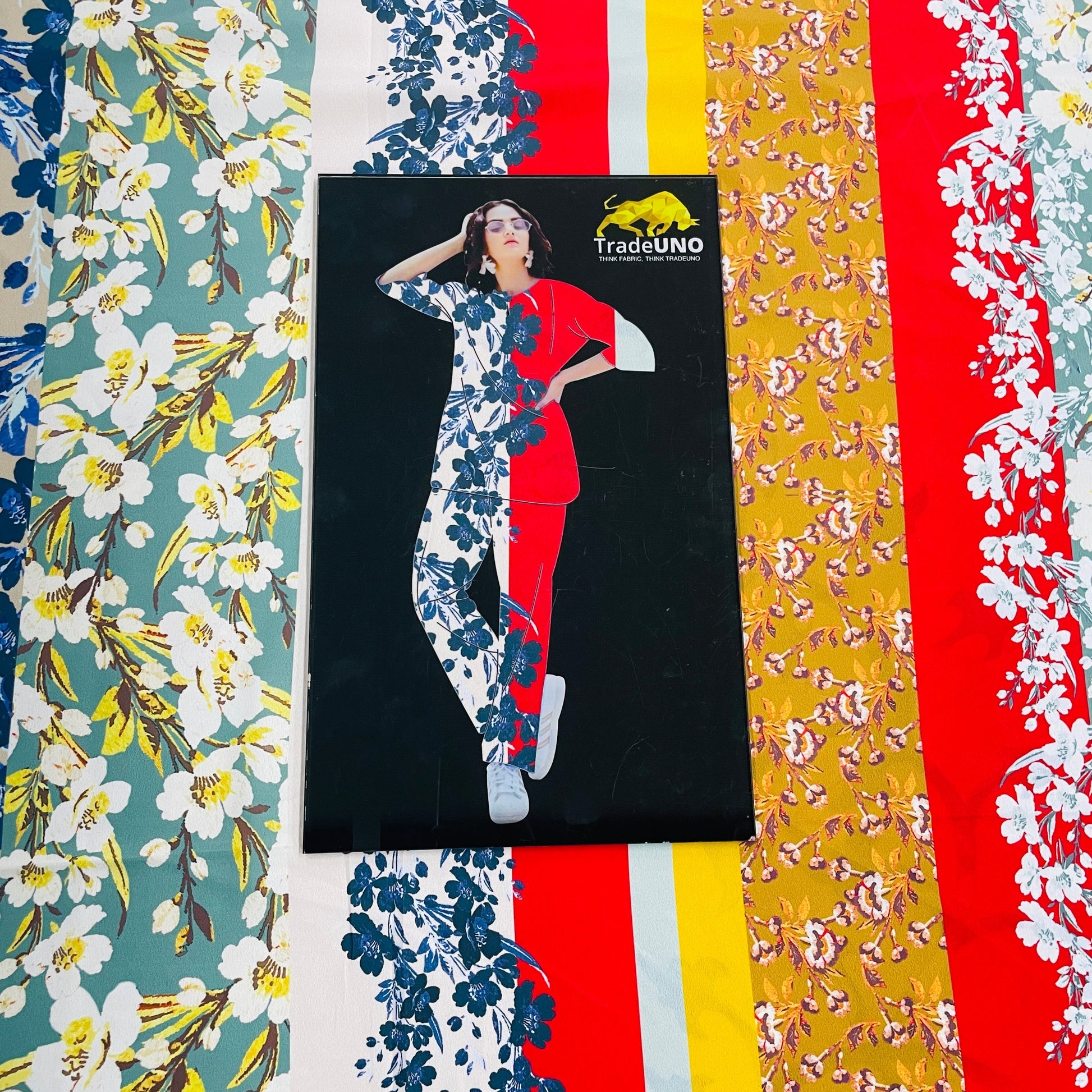 Multicolor Stirpes & Floral Print Crepe Fabric - TradeUNO