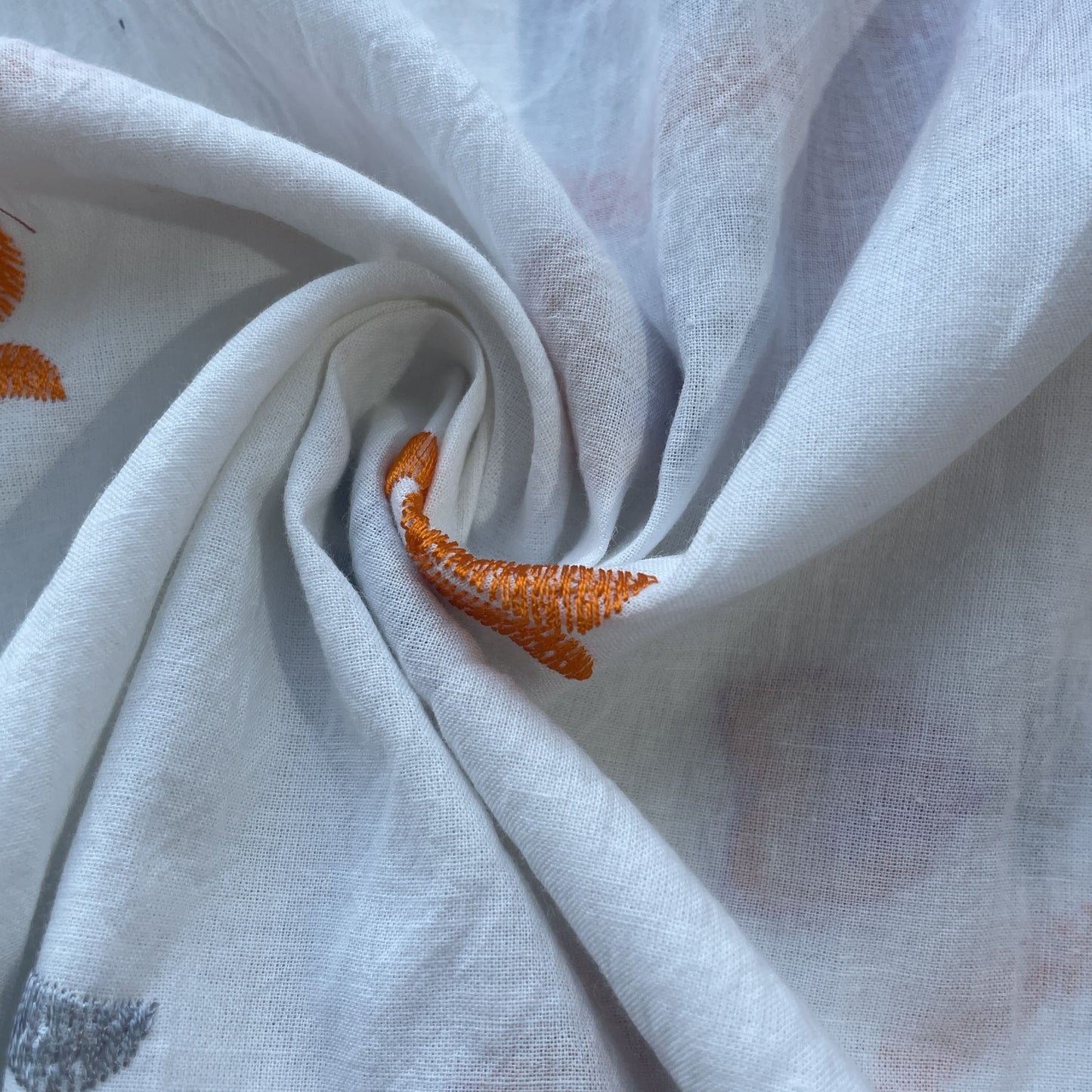 White & Orange Floral Thread Embroidery Cotton Fabric 11694