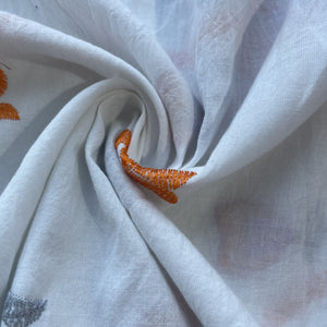 White & Orange Floral Thread Embroidery Cotton Fabric 11694