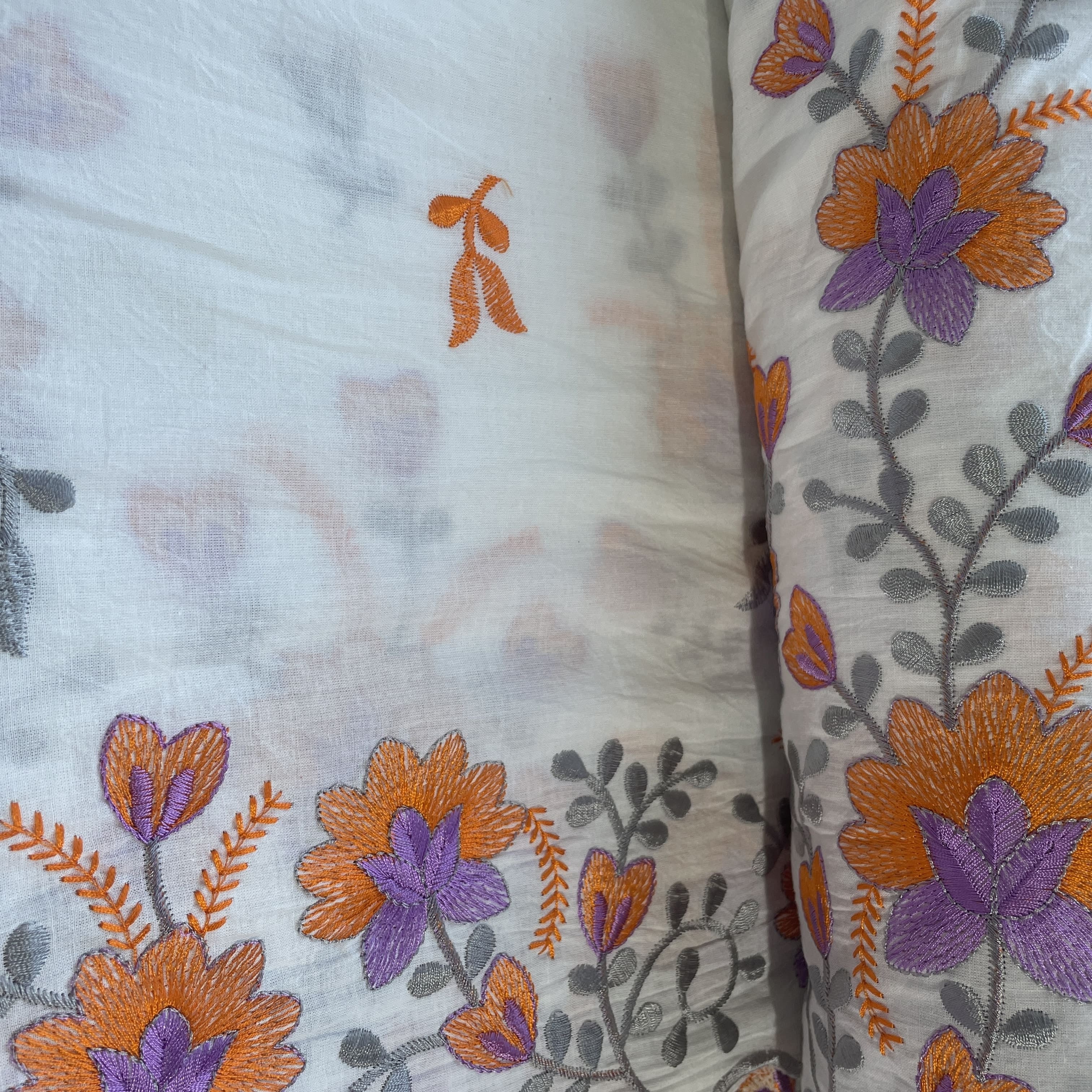 White & Orange Floral Thread Embroidery Cotton Fabric 11694