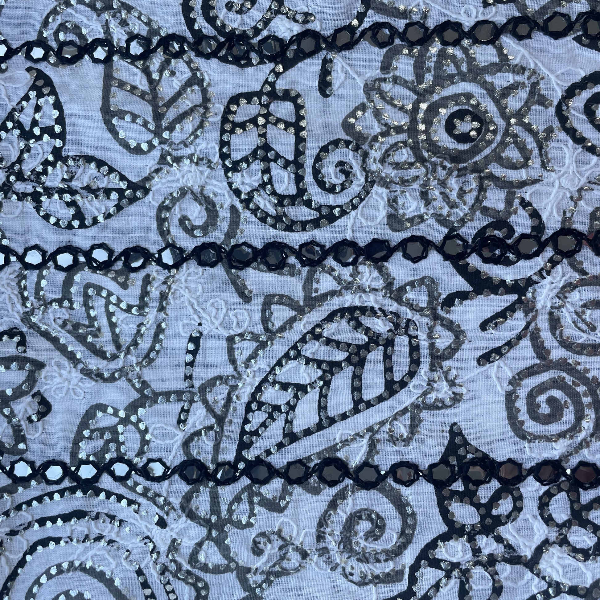 Black Floral Foil Sequence Embroidery Cotton Fabric 13577