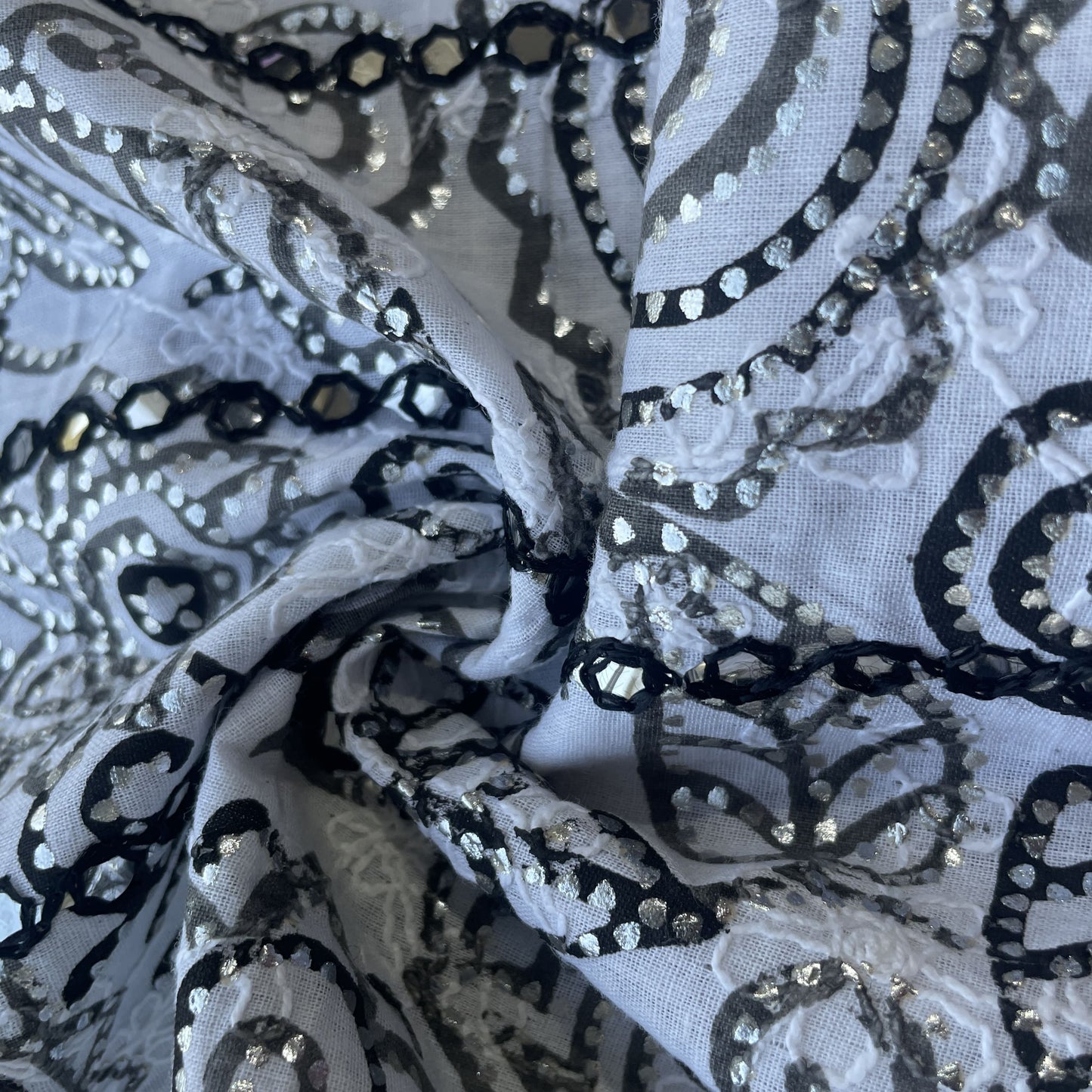 Black Floral Foil Sequence Embroidery Cotton Fabric 13577