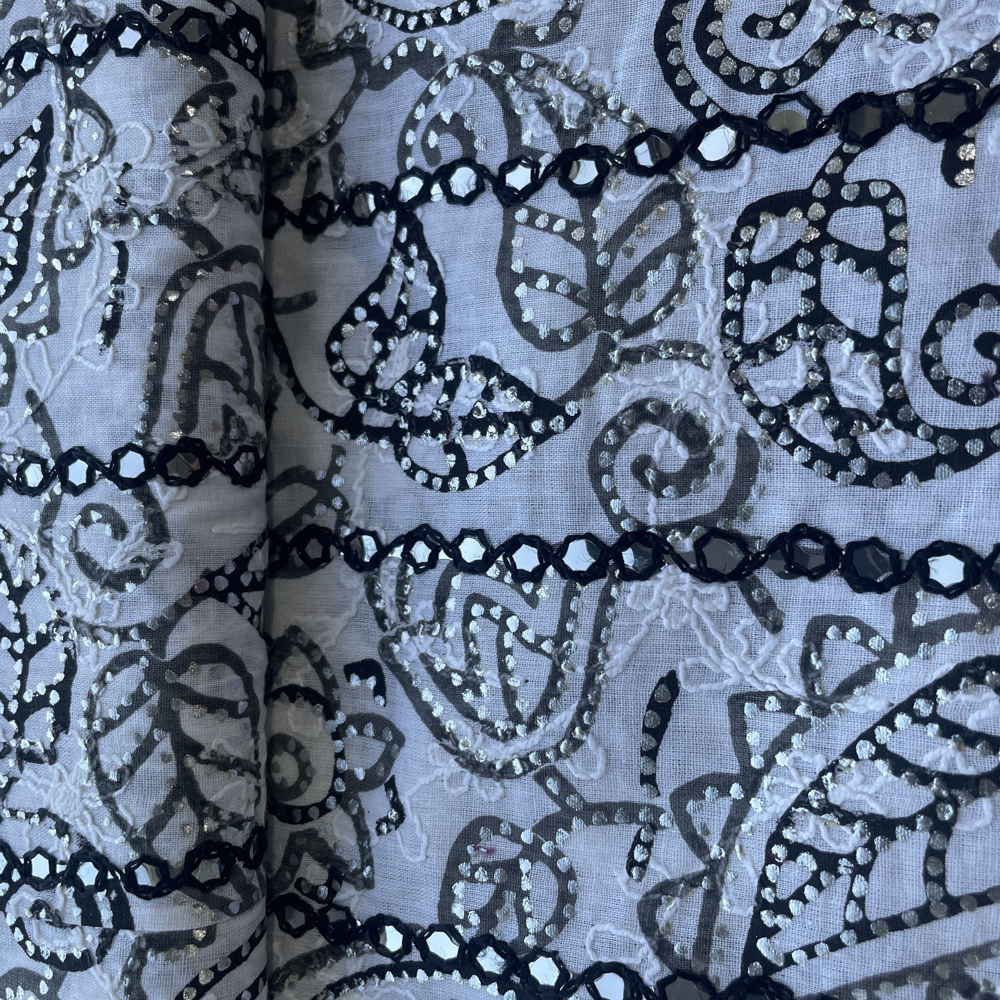 Black Floral Foil Sequence Embroidery Cotton Fabric 13577