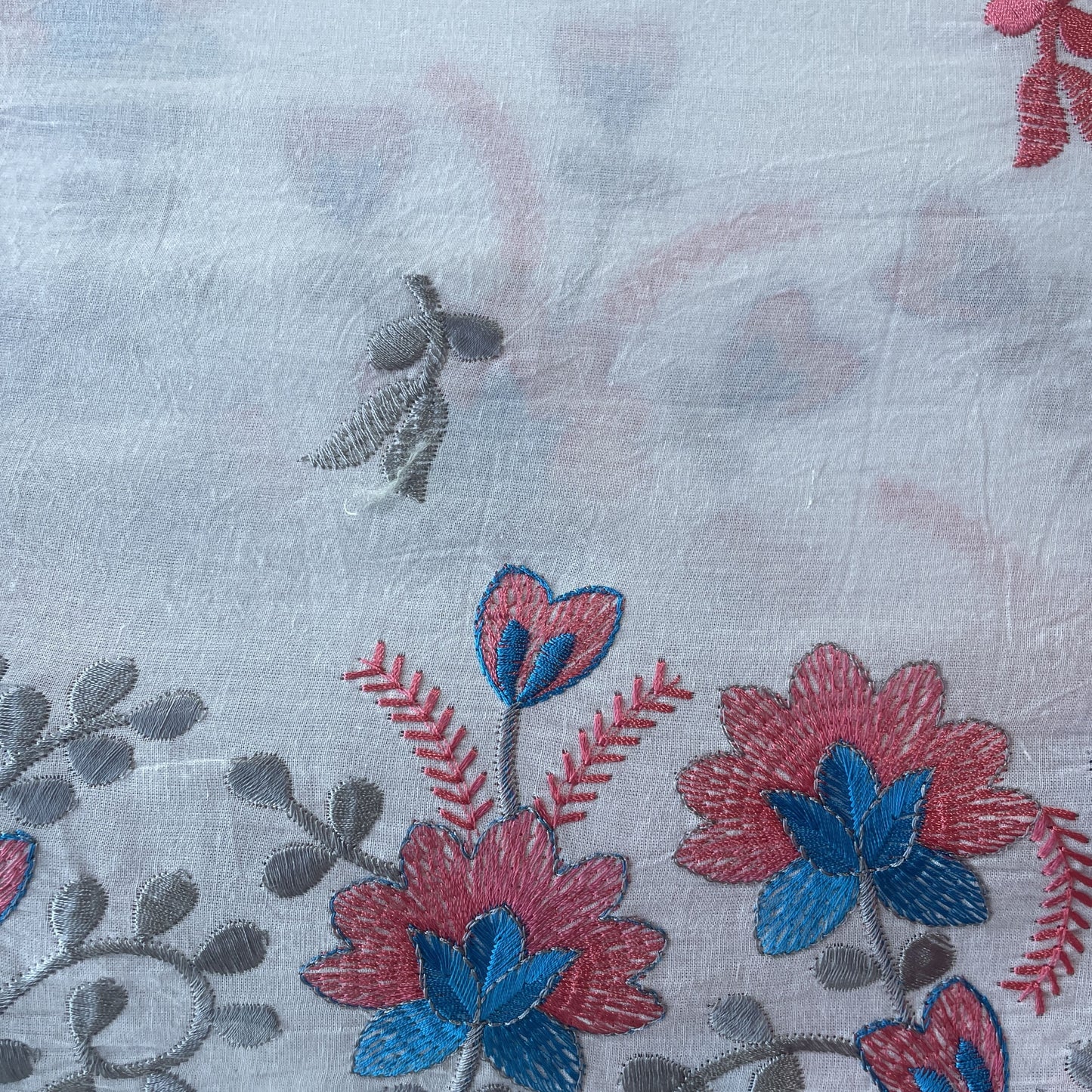 White & Pink Floral Thread Embroidery Cotton Fabric 11692