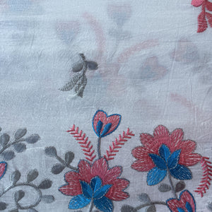 White & Pink Floral Thread Embroidery Cotton Fabric 11692