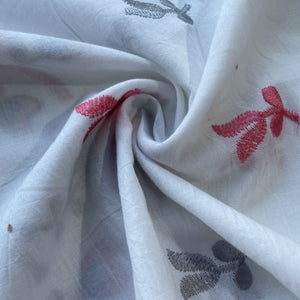 White & Pink Floral Thread Embroidery Cotton Fabric 11692