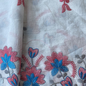 White & Pink Floral Thread Embroidery Cotton Fabric 11692