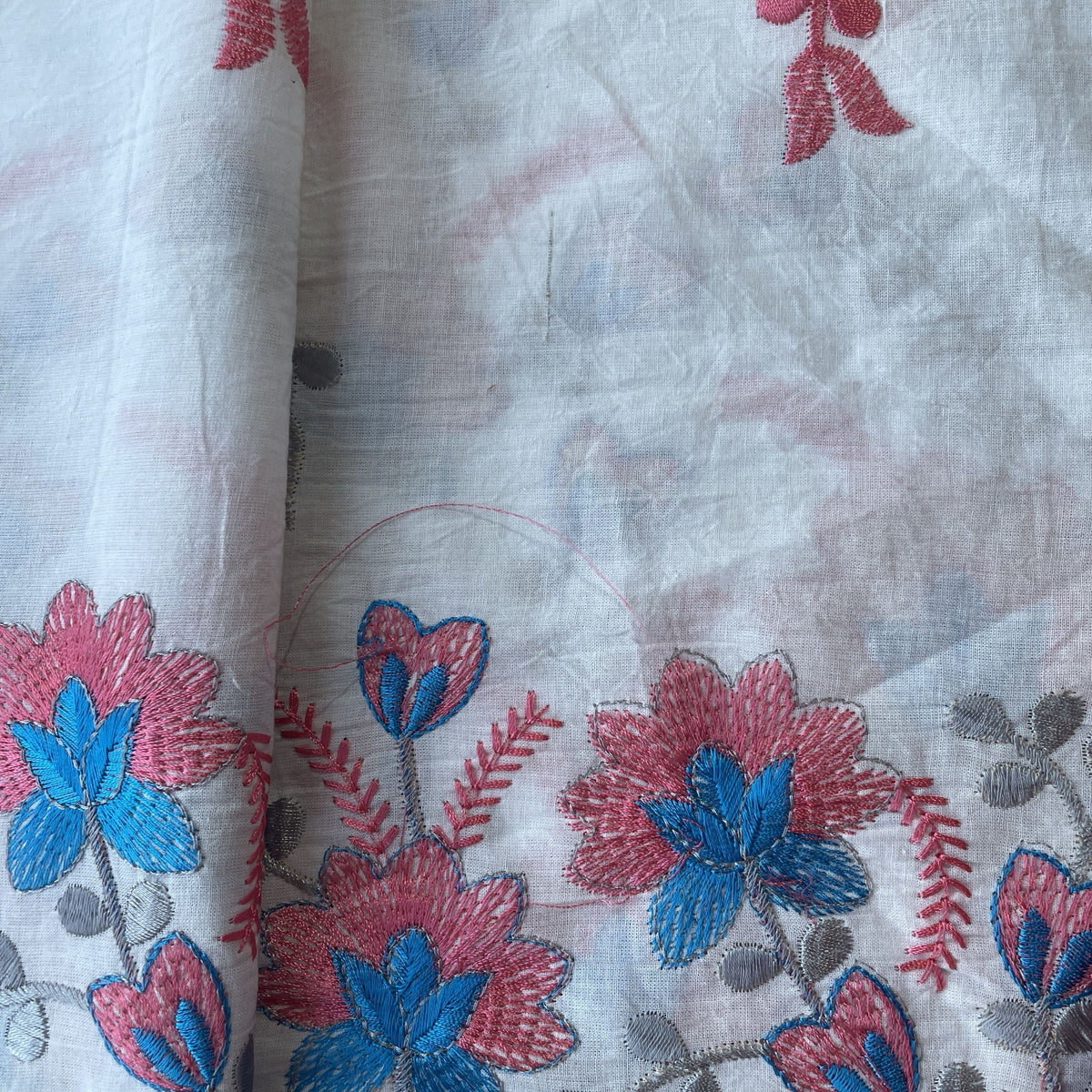 White & Pink Floral Thread Embroidery Cotton Fabric 11692