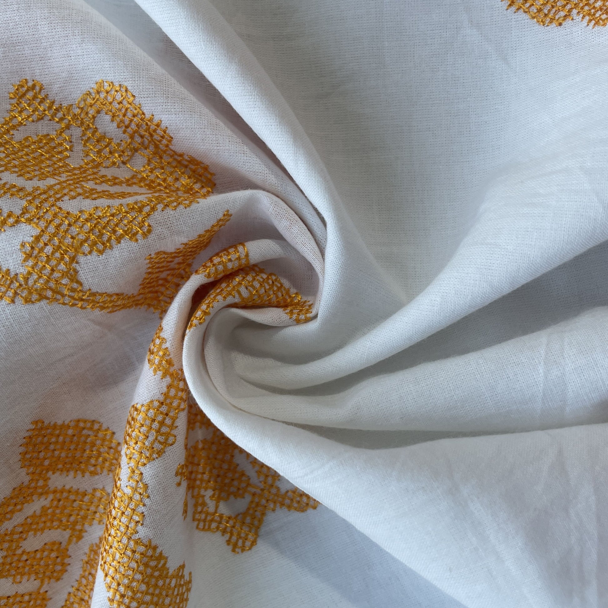 White & Orange Floral Thread Embroidery Cotton Fabric 11702