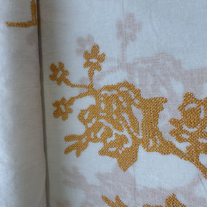 White & Orange Floral Thread Embroidery Cotton Fabric 11702