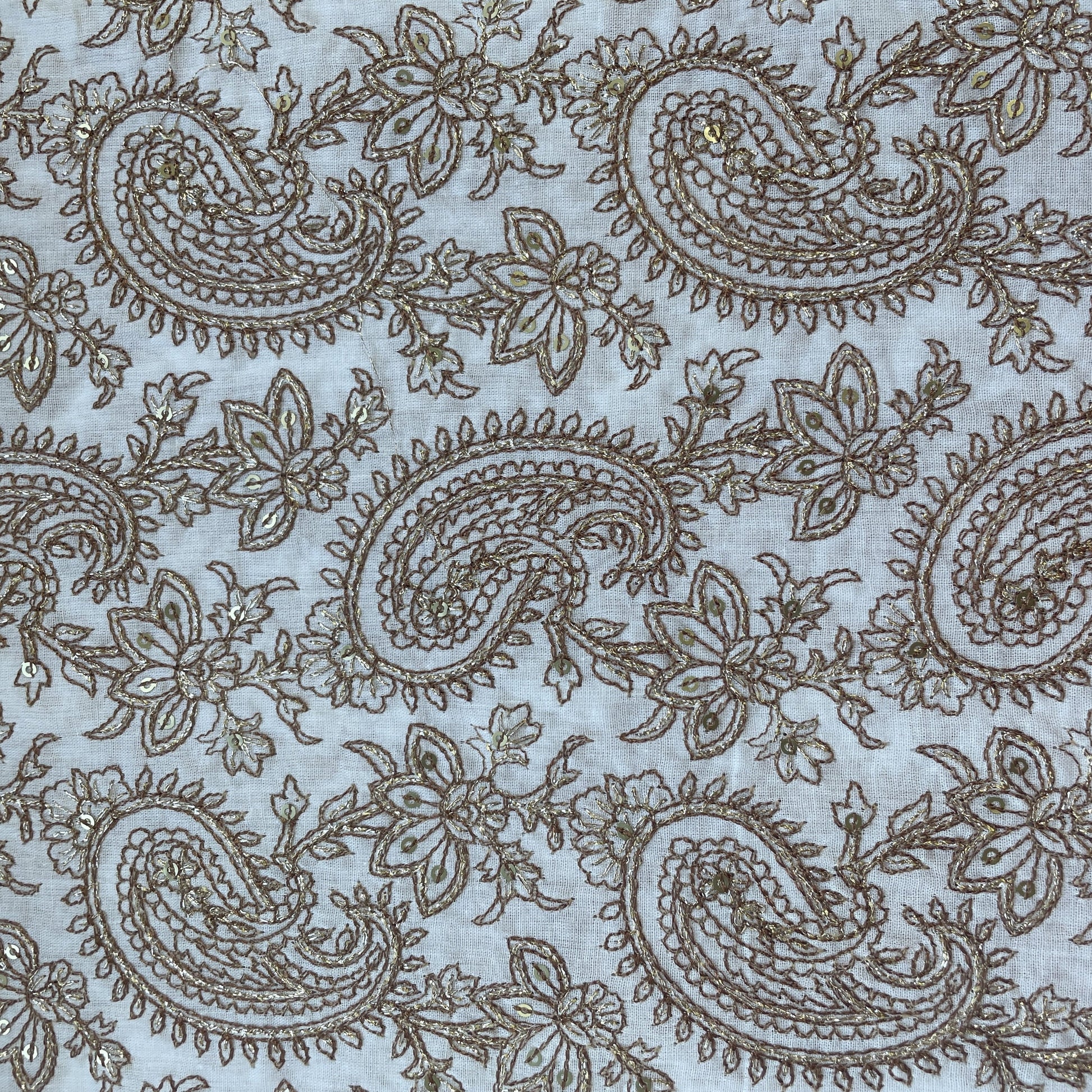 White & Golden Sequence Embroidery Cotton Fabric 12310