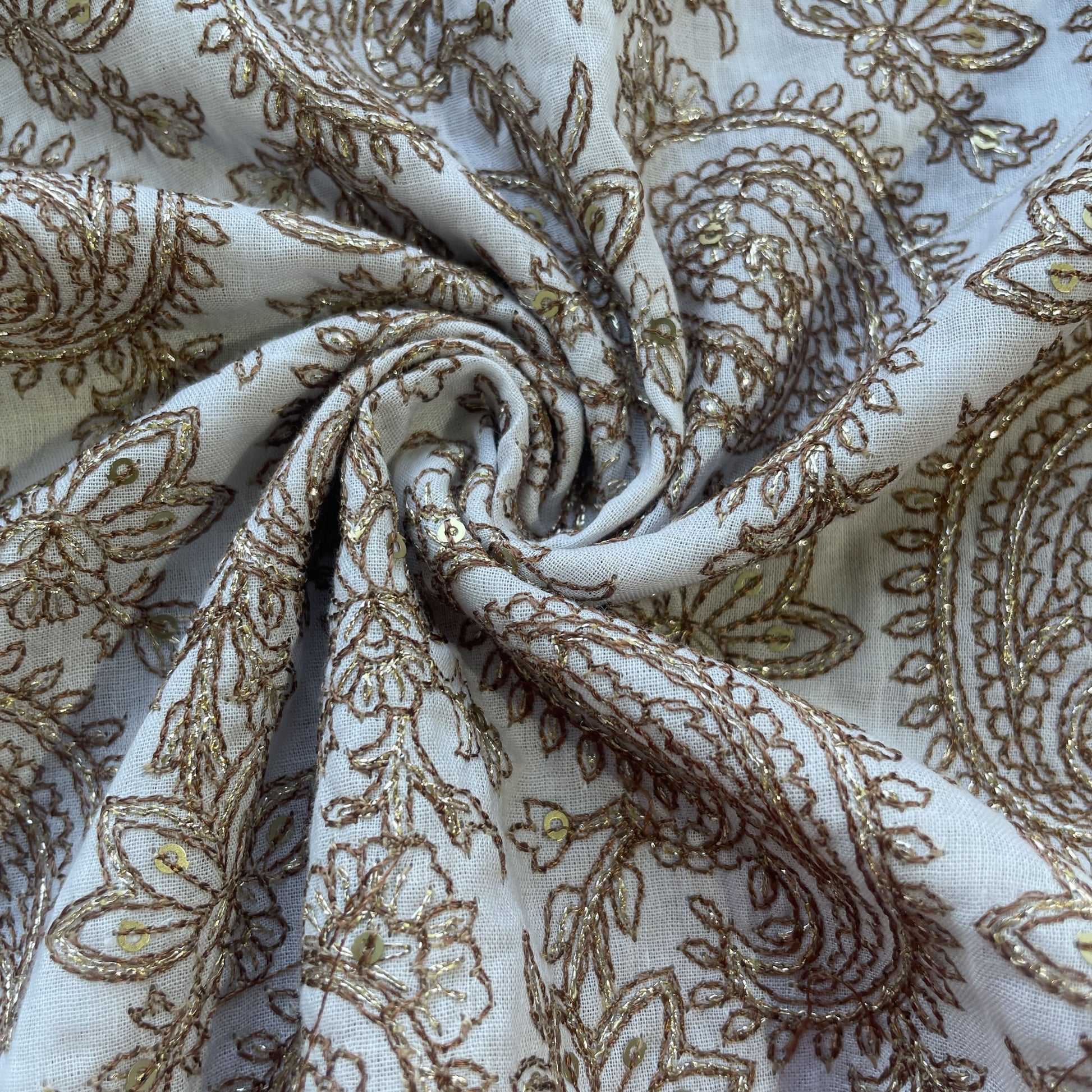 White & Golden Sequence Embroidery Cotton Fabric 12310