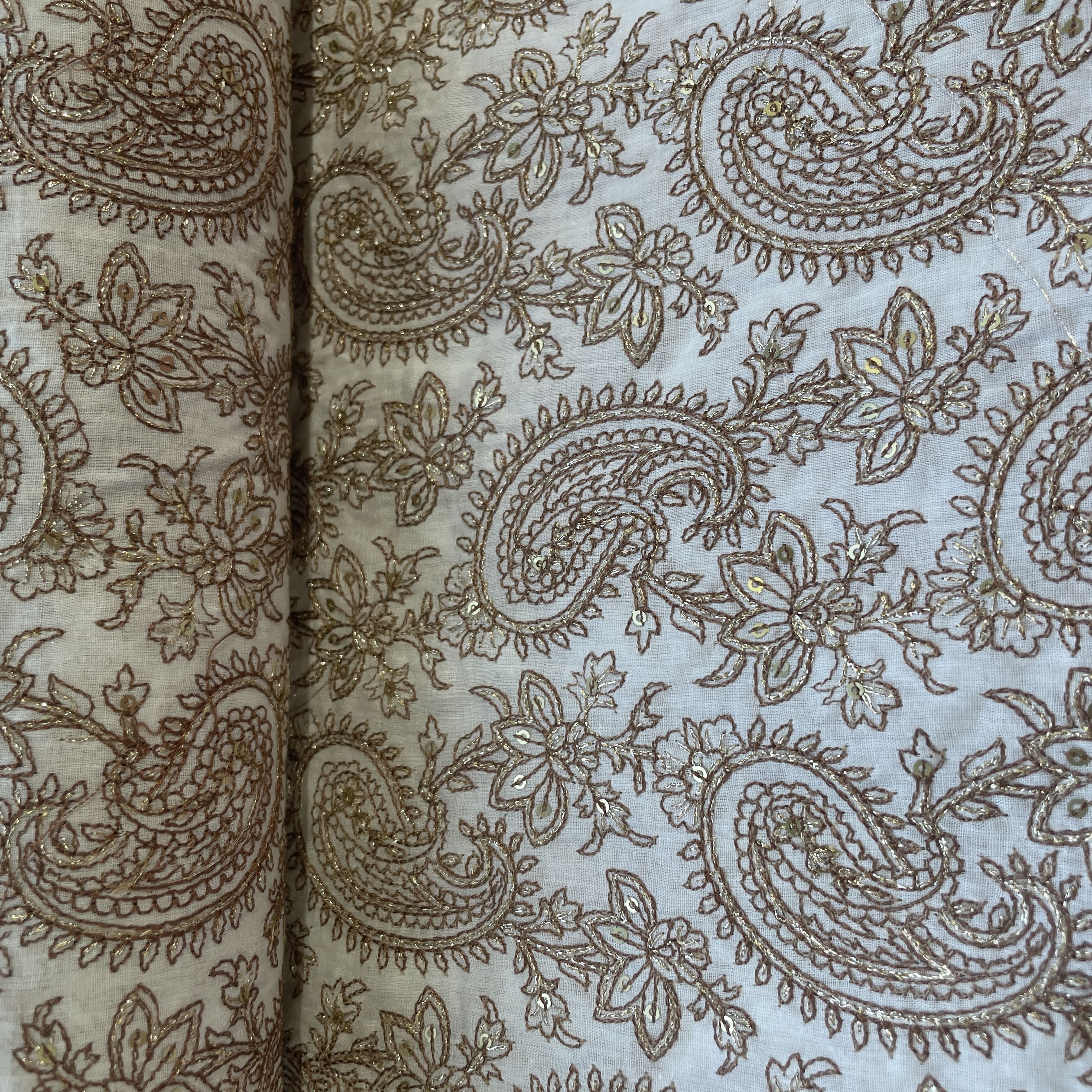 White & Golden Sequence Embroidery Cotton Fabric 12310