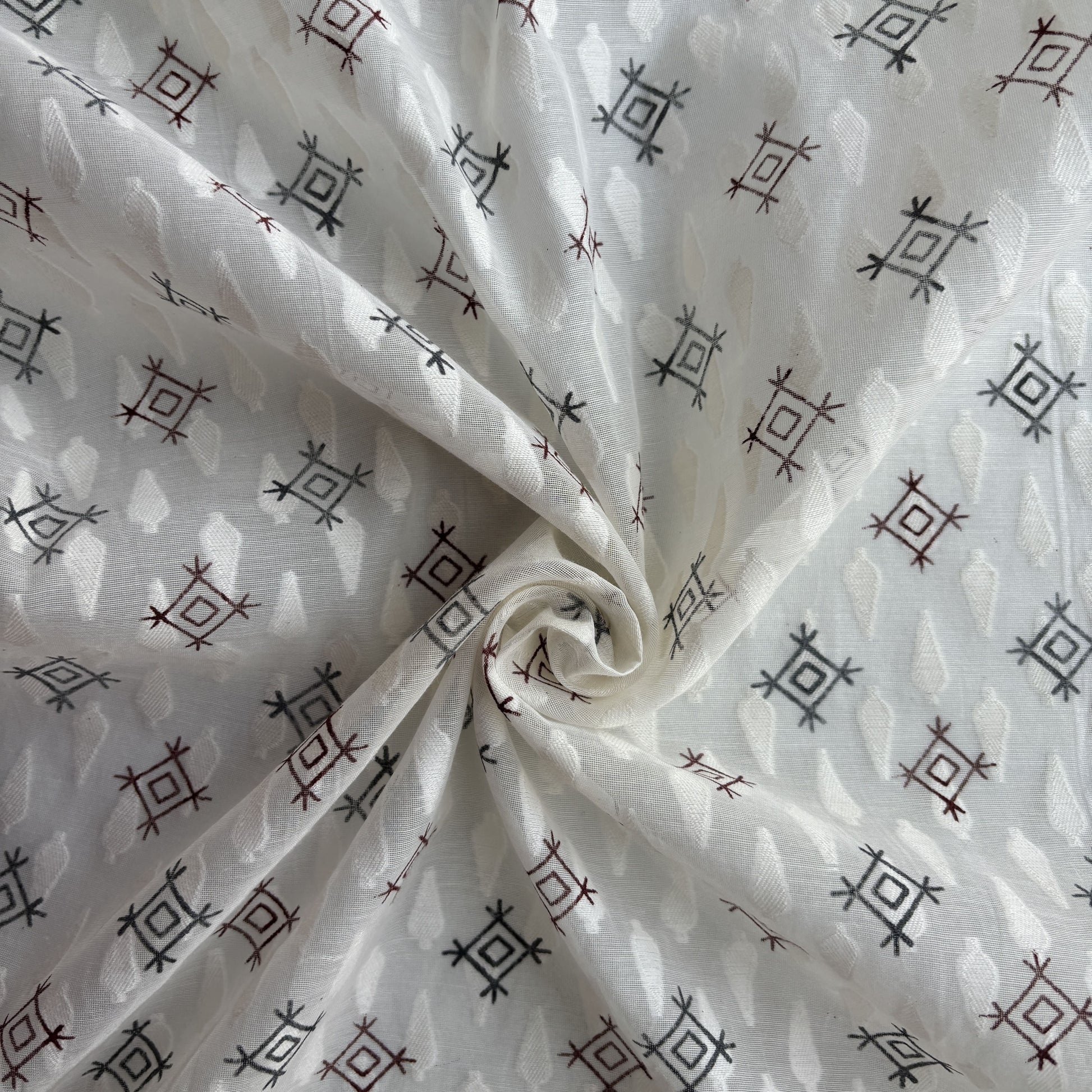 Off White Green Geometrical Cotton Chanderi Fabric 15614